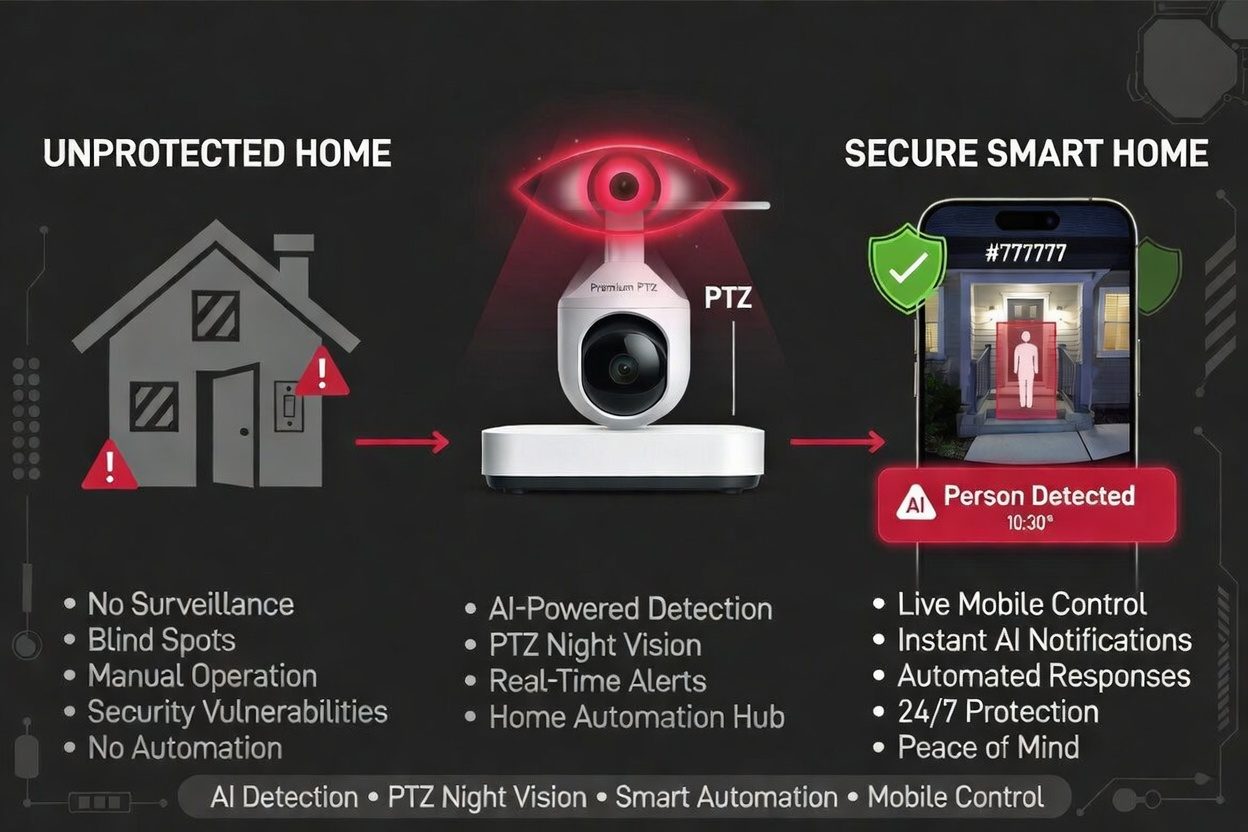 Symsecure diagram — an unprotected home becomes a secure smart home with AI detection and mobile alerts